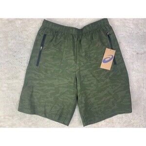 Asics Size S Mens Training Shorts Athletic New Green Pattern Stretch Zip Pockets